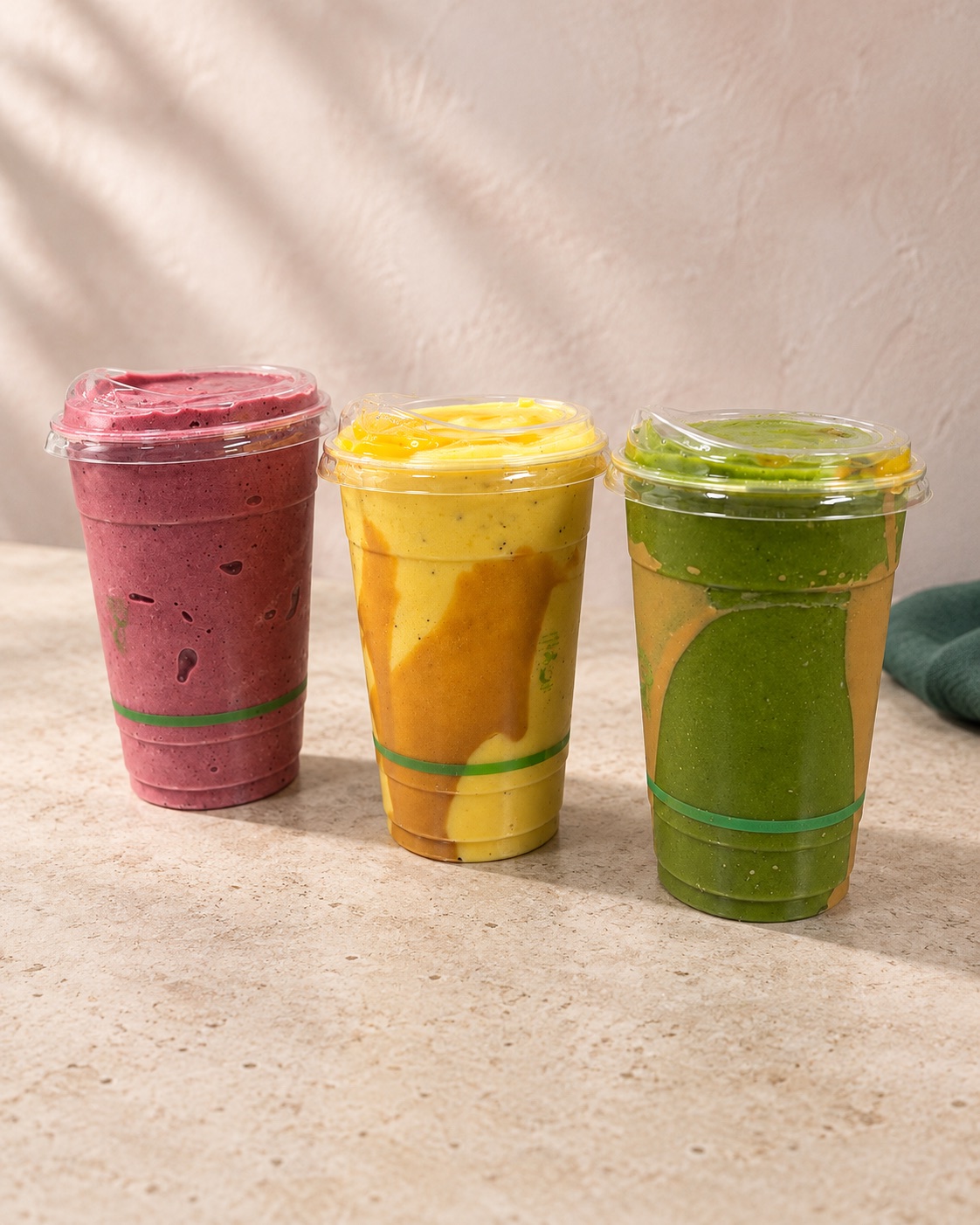 Berry, mango and green smoothies at Wild and The Sun